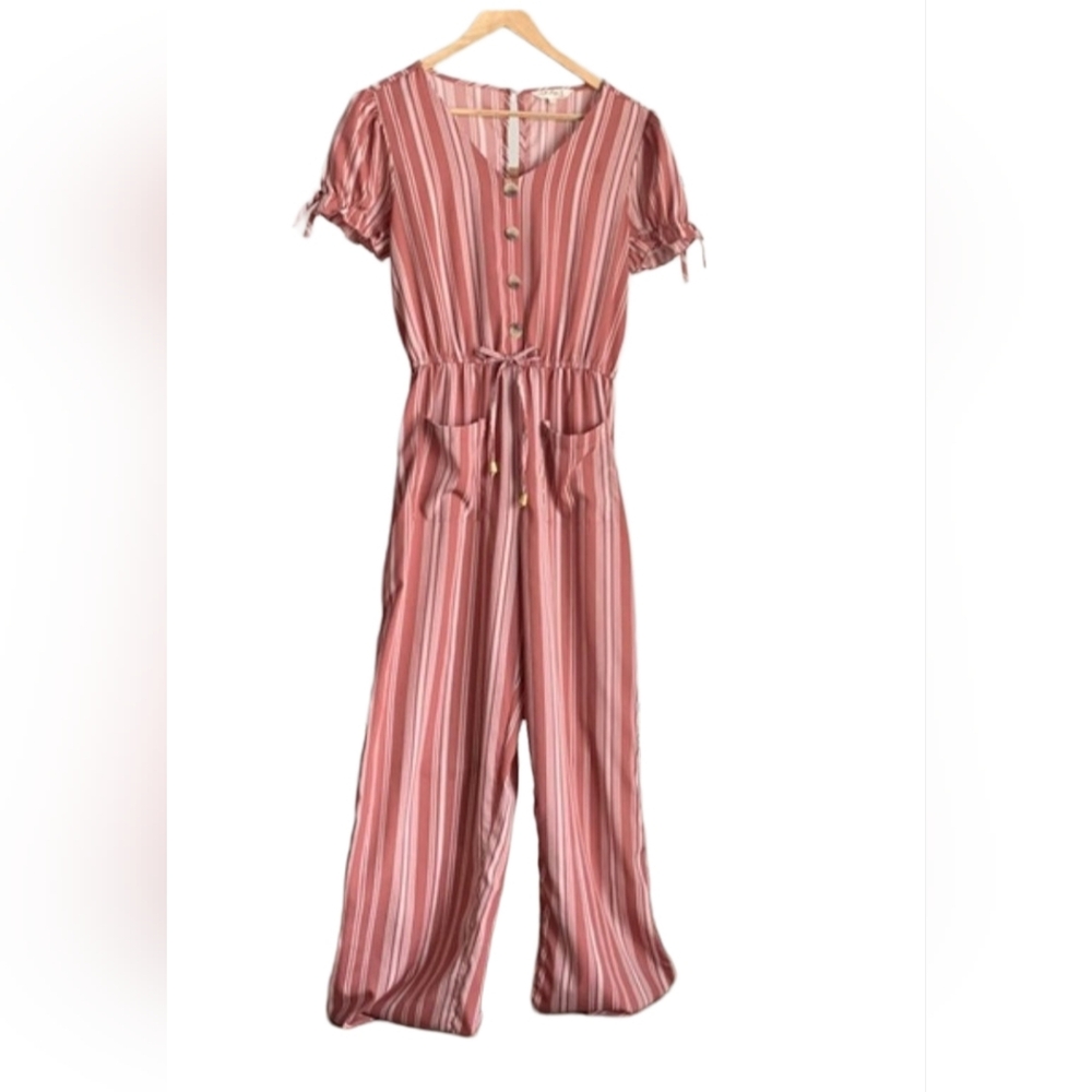 New Women Summer Light Pink-Striped Button Front Jumpsuit Size L